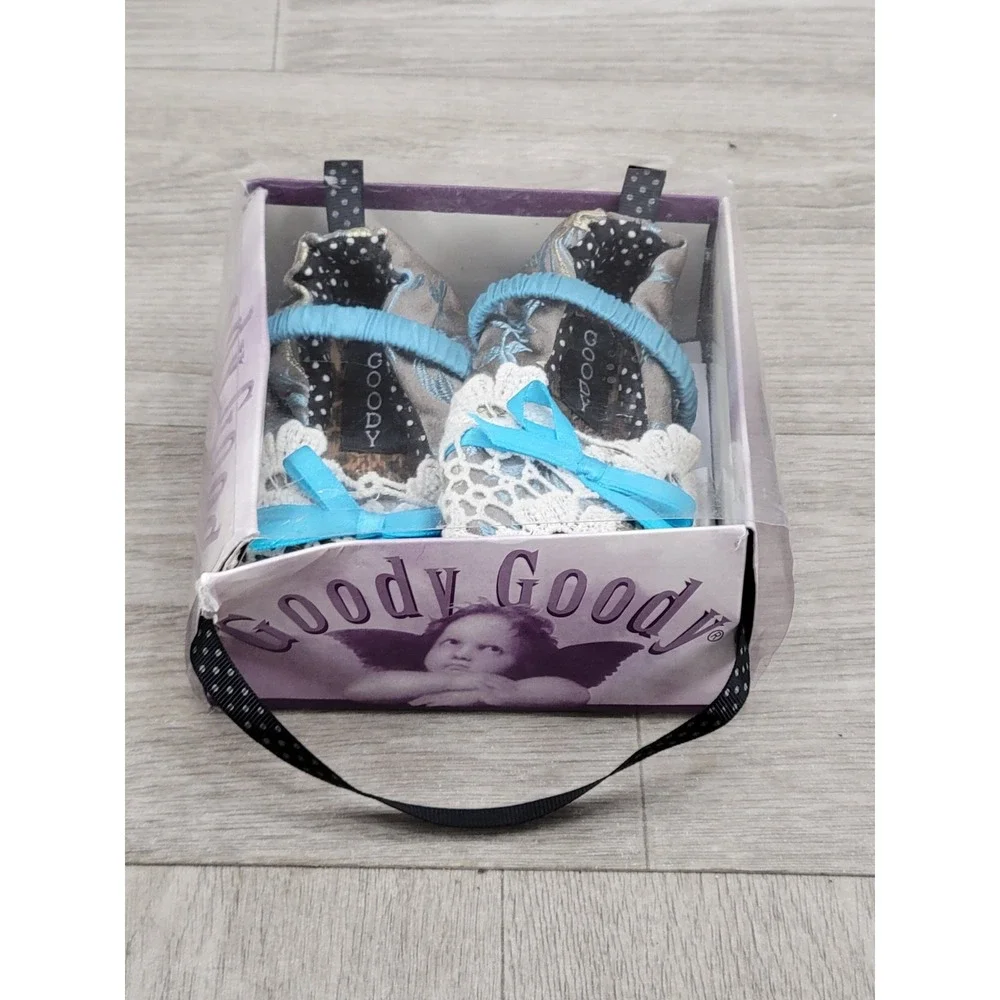 Vintage Goody Goody Baby Girls Lace Crib Shoes Blue Floral Satin Bow Size M 6-12